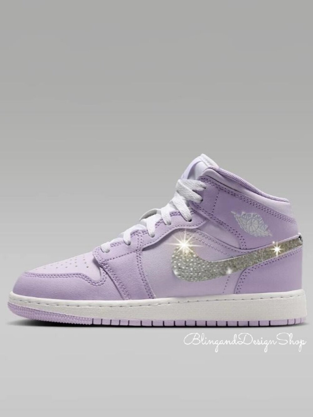 Bling Purple Jordan 1 Mid Girls Sneakers Custom With Clear Swarovski Crystals